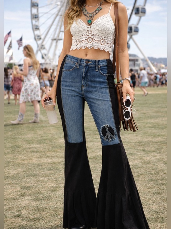 Styles Ever After Pants - Boho Patchwork Flare Pants Peace Sign Bell Bottom Festival XXS NWT